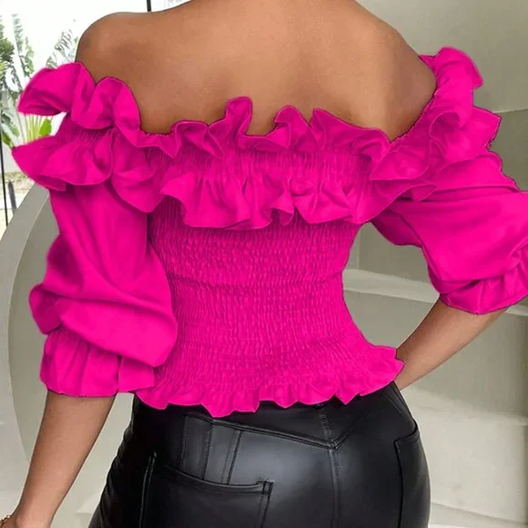 Hot Pink Casual Women's Ruffle Decor Off-Shoulder Cropped Top - Picture 2 of 6